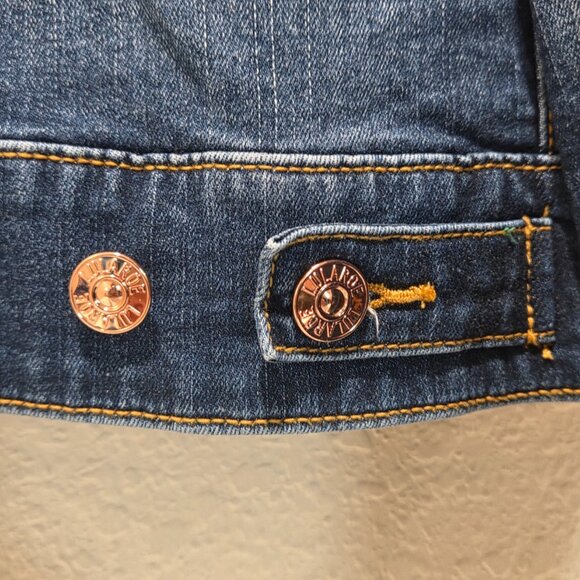 Denim Jacket Women's Size Large Cropped Stretch Long Sleeved Slit Pockets - Picture 7 of 16